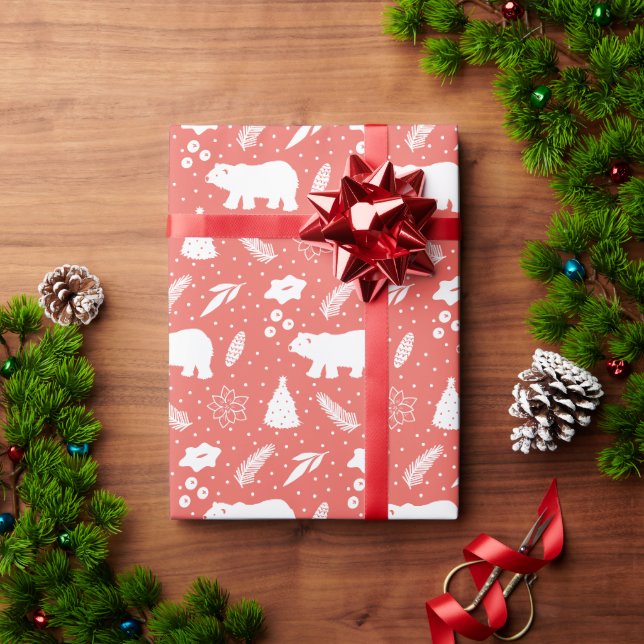 Papier Cadeau Ours polaire Papier d'enveloppement de pin rouge d (Cadeau de vacances)