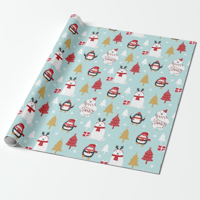 Papier Cadeau Ours polaires de Noël et pingouins (Déroulé)