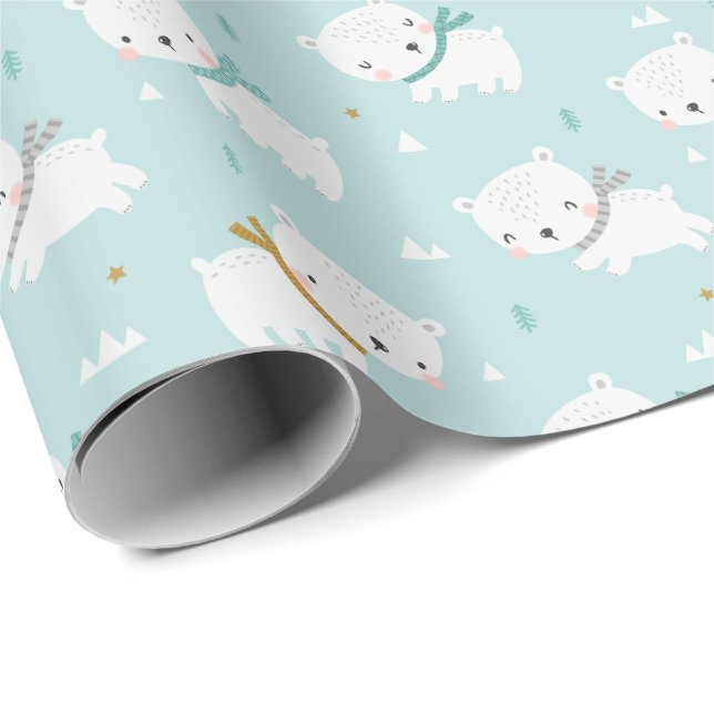 Papier Cadeau Ours polaires mignons avec foulards bleu clair (Coin rond)