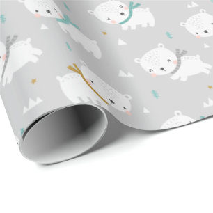Papier Cadeau Ours polaires mignons avec foulards gris clair