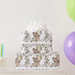 Papier Cadeau Ours rose Teddy Rose et Fleurs jaunes Blanc
