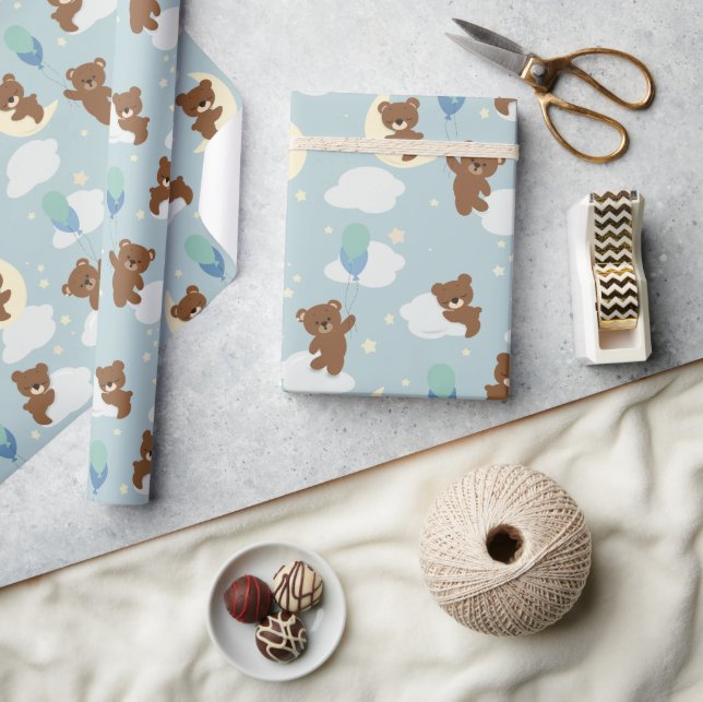 Papier Cadeau Ours sur la lune Bébé Garçon Papier d'enveloppemen (Artisanat)