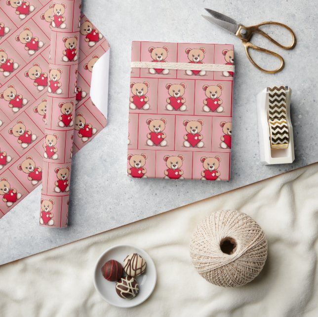Papier Cadeau Ours Teddy Au Coeur Rouge (Artisanat)