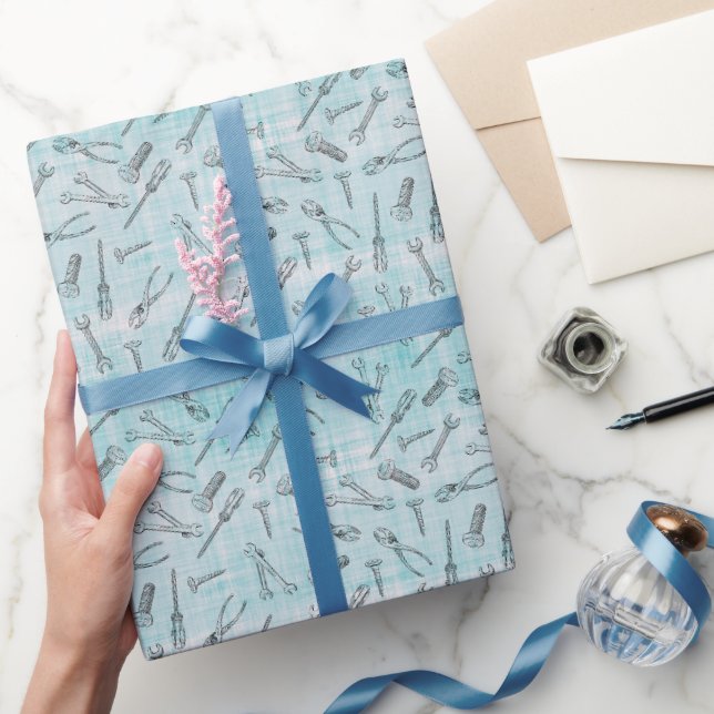Papier Cadeau Outils esquissés sur lin bleu et blanc (Cadeaux)