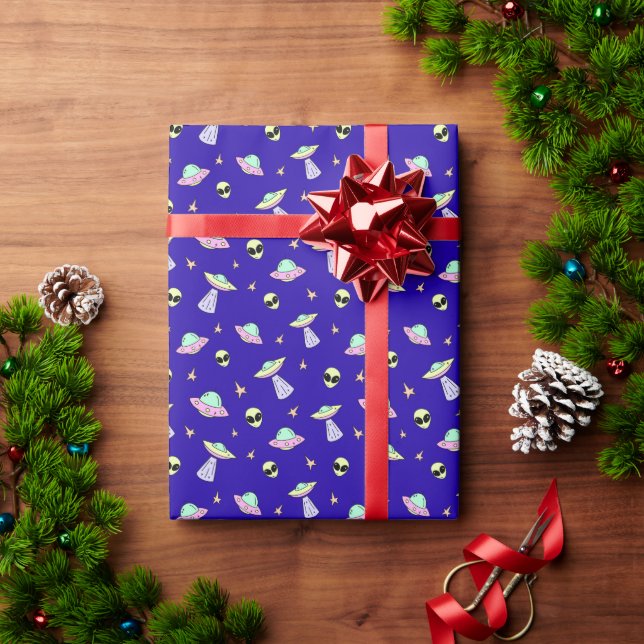 Papier Cadeau OVNI, faces Aliens et étoiles sur Arrière - plan b (Cadeau de vacances)