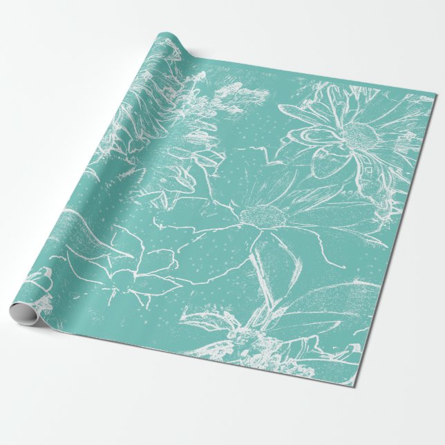 Papier Cadeau Pack Floral Blanc transparent - Turquoise (Déroulé)