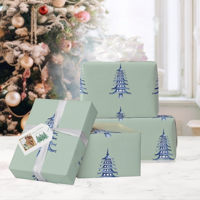 Papier Cadeau Pagode Bleue Sage Arbre de Noël Motif Enveloppemen (Sage Blue Pagoda Christmas Tree Pattern Wrapping Wrapping Paper)