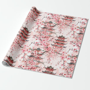 Papier Cadeau Pagode chinoise aquarelle aux fleurs de cerisiers 