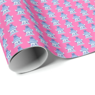 Papier Cadeau Pagodes de chinoiserie (sur fond rose)