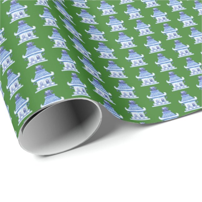 Papier Cadeau Pagodes en Chinoiserie (sur fond vert)  (Coin rond)