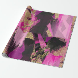 Papier Cadeau Pailleté Or Noir Rose Pinceau Moderne Glam Grunge