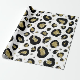 Papier Cadeau Paillettes Or Blanc & Imprimé Léopard Guépard Noir