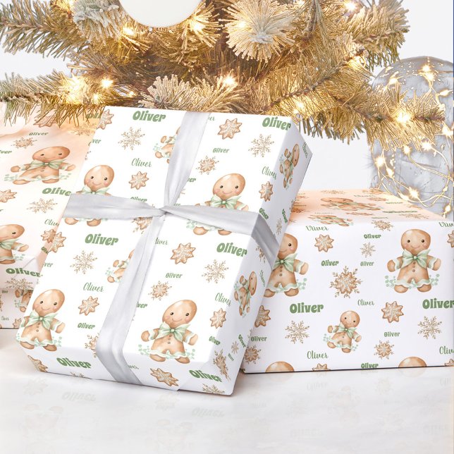 Papier Cadeau Pain d'épice Homme Nom du garçon Texte Noël (Gingerbread Man Boy Name Text Christmas Wrapping Paper)