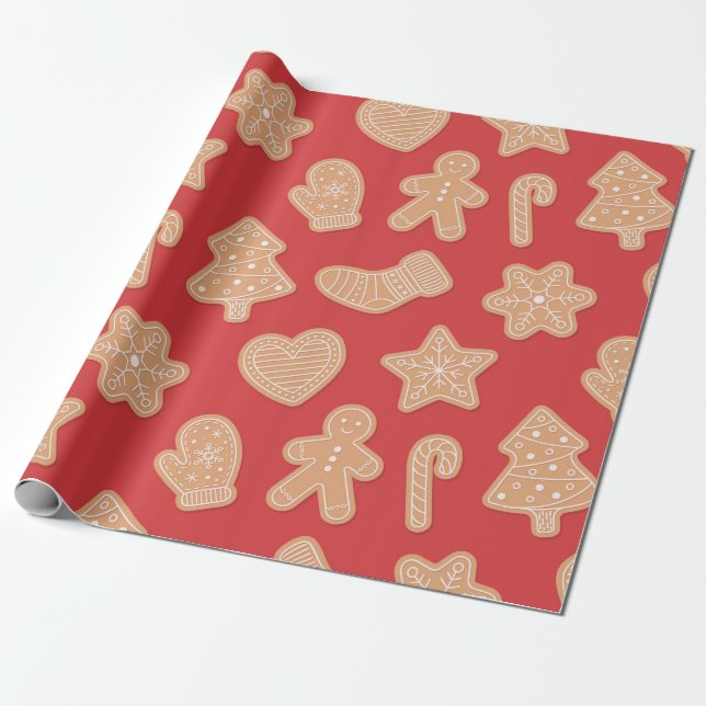 Papier Cadeau Pain d'épice Noël Motif de biscuits en rouge (Déroulé)