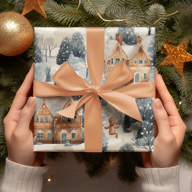 Papier Cadeau Pain d'épices Homme et maison Noël neigeux (Créateur téléchargé)