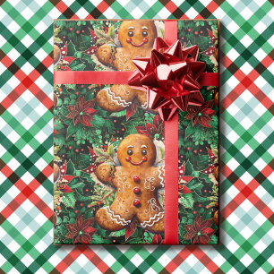 Papier Cadeau Pain d'épices Homme et Poinsettias Classiques de N