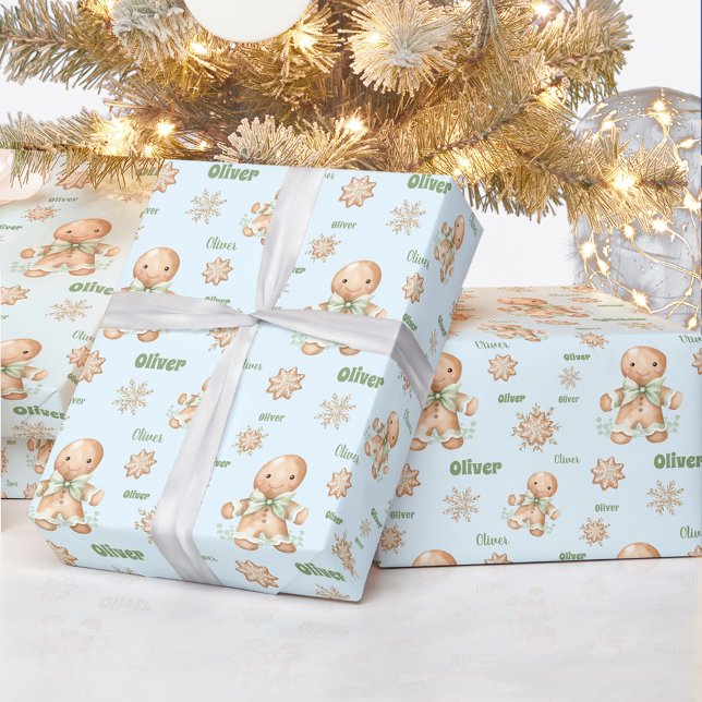 Papier Cadeau Pain d'épices Homme Nom du garçon Bleu Vert Noël (Gingerbread Man Boy Name Blue Green Christmas Wrapping Paper)