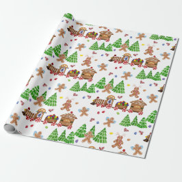 Papier Cadeau Pain d'épices Homme Train de Noël Arbre Aquarelle