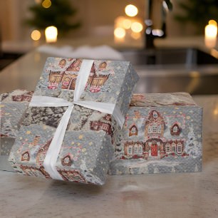 Papier Cadeau Pain d'épices Maisons Noël Acier de neige gris