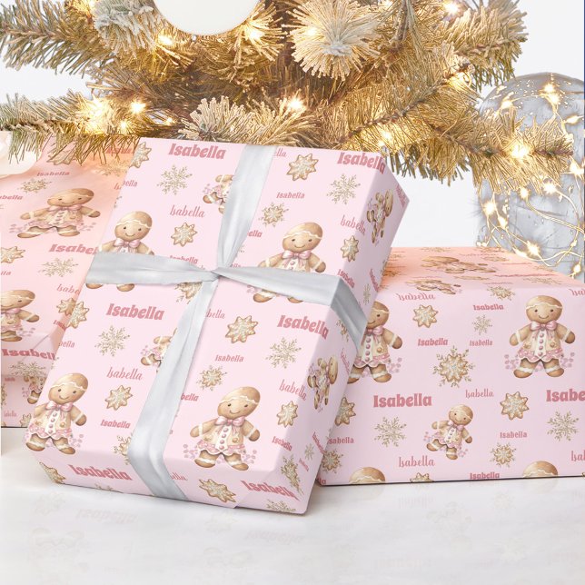 Papier Cadeau Pain d'épices mignon homme fille rose Nom Noël (Cute Gingerbread Man Girl Pink Name Christmas Wrapping Paper)