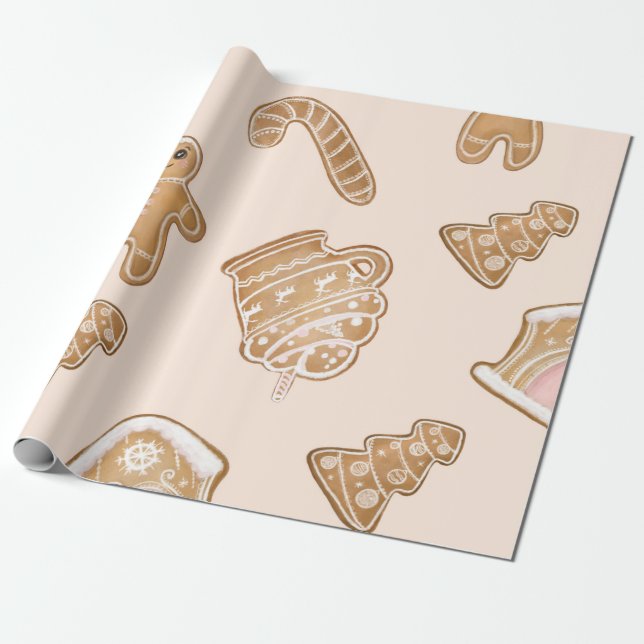 Papier Cadeau Pain d'épices rose doux motif de Noël (Déroulé)