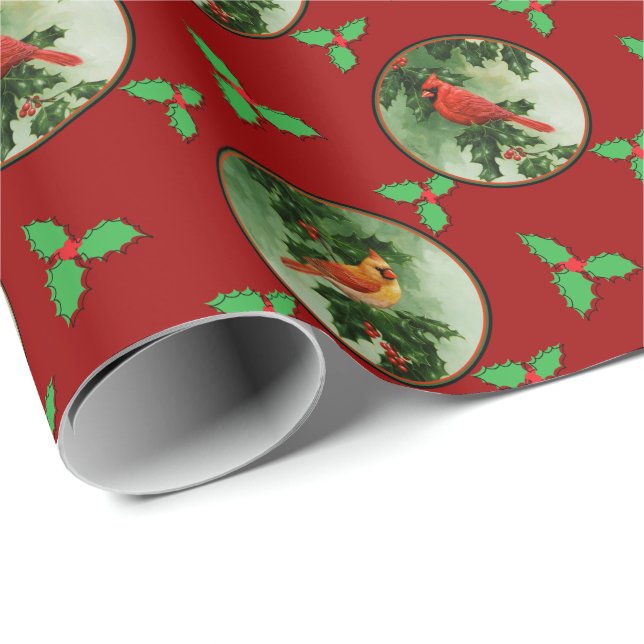 Papier Cadeau Paire des cardinaux rouges et des Feuilles saints (Coin rond)