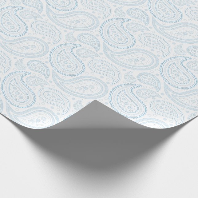 Papier Cadeau Paisley bleu-clair sur le papier d'emballage blanc (Coin)