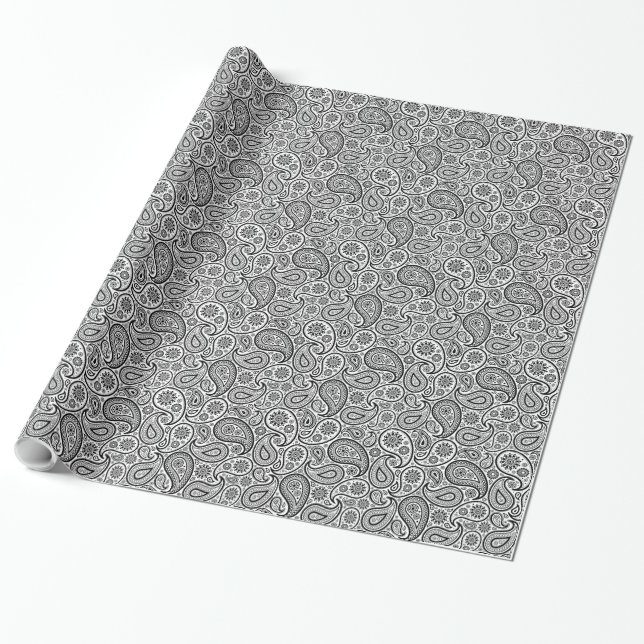 Papier Cadeau Paisley florale élégant noir et blanc (Déroulé)
