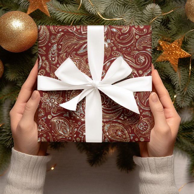 Papier Cadeau Paisley florale rouge foncé et or (Créateur téléchargé)