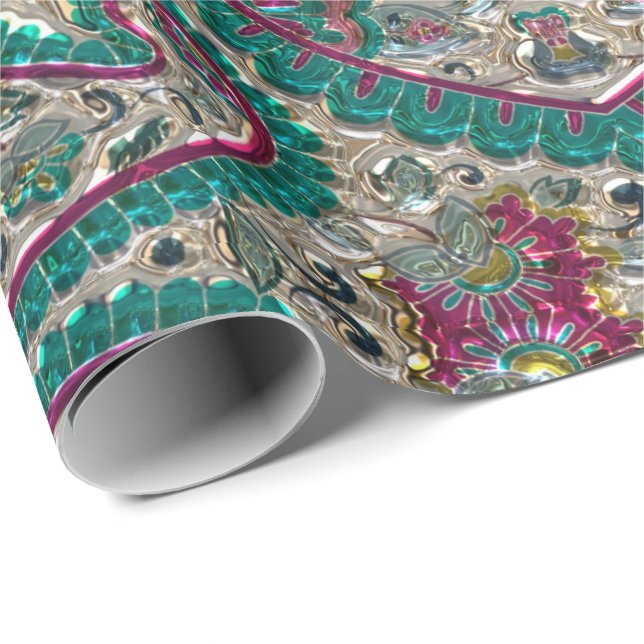 Papier Cadeau Paisley motif floral turquoise rose argent bohème (Coin rond)