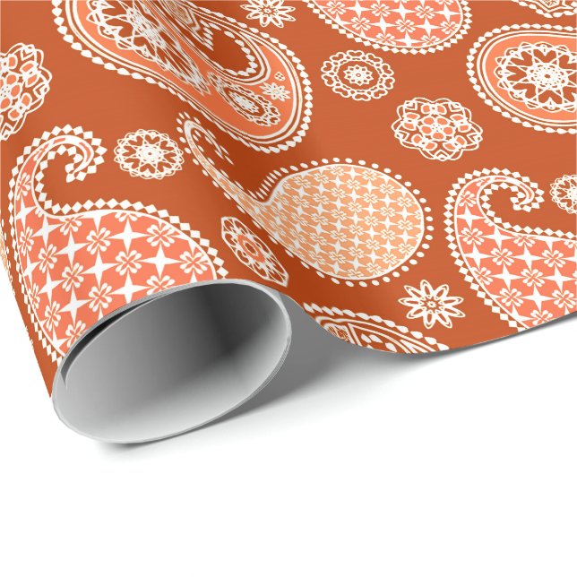 Papier Cadeau Paisley motif, Mandarin Orange et Blanc (Coin rond)