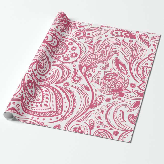 Papier Cadeau Paisley rose Floral sur Arrière - plan blanc (Déroulé)