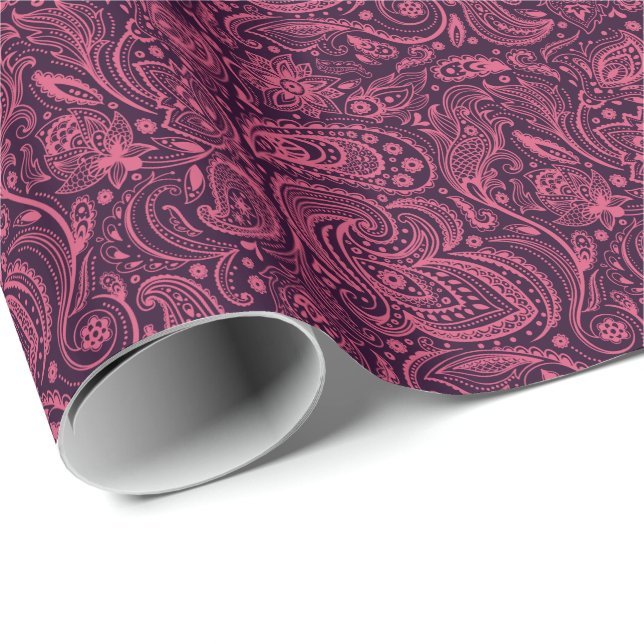 Papier Cadeau Paisley rose Floral sur Arrière - plan pourpre (Coin rond)