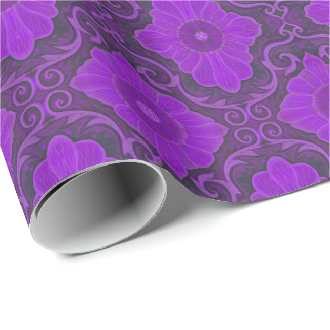 Papier Cadeau "Palatial floral" motif bohème violet & violet (Coin rond)