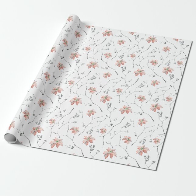 Papier Cadeau Pale Poinsettias Branches Aquarelle rustique (Déroulé)