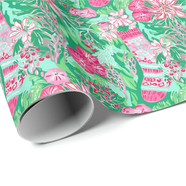 Papier Cadeau Palm Beach Aquarelle de Noël Aquarelle rose Bas (Coin rond)