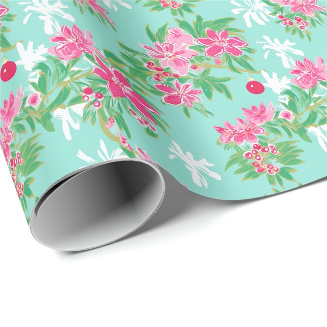 Papier Cadeau Palm Beach Aquarelle de Noël Ornements tropicaux (Coin rond)