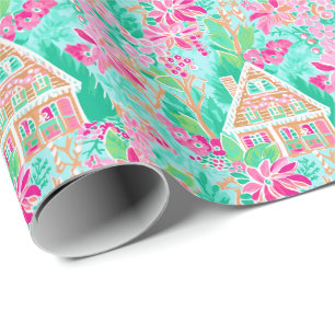 Papier Cadeau Palm Beach Noël Aquarelle Pain d'épices Maisons