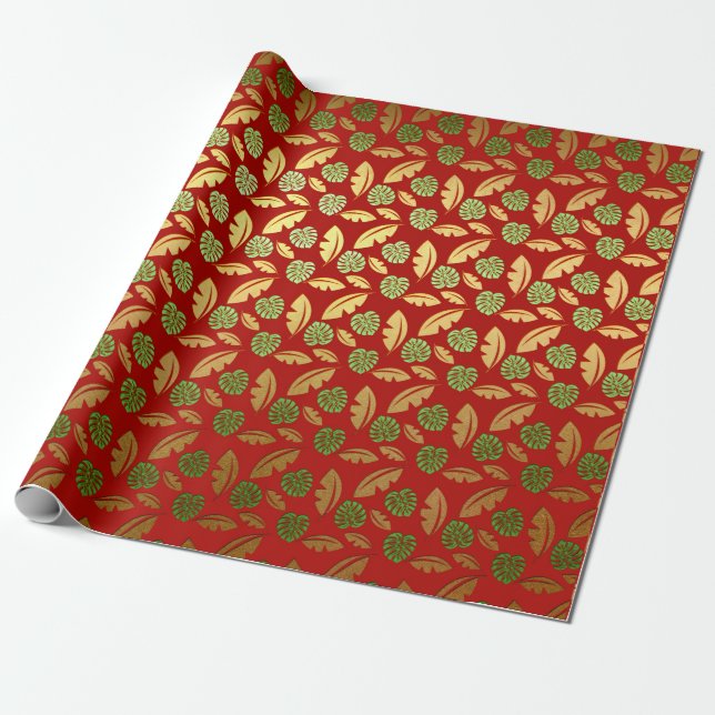 Papier Cadeau Palm Hawaii Feuilles Emerald Green Red Gold (Déroulé)
