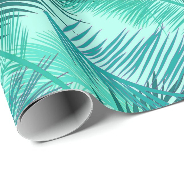 Papier Cadeau Palm Leaf Print, Turquoise, Turquoise et Light Aqu (Coin rond)