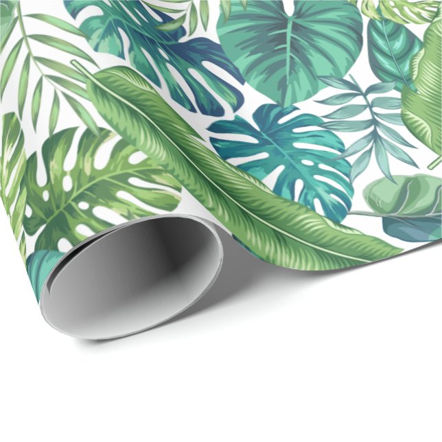 Papier Cadeau Palm vert et Turquoise Tropical Banana Monstera Fe (Coin rond)