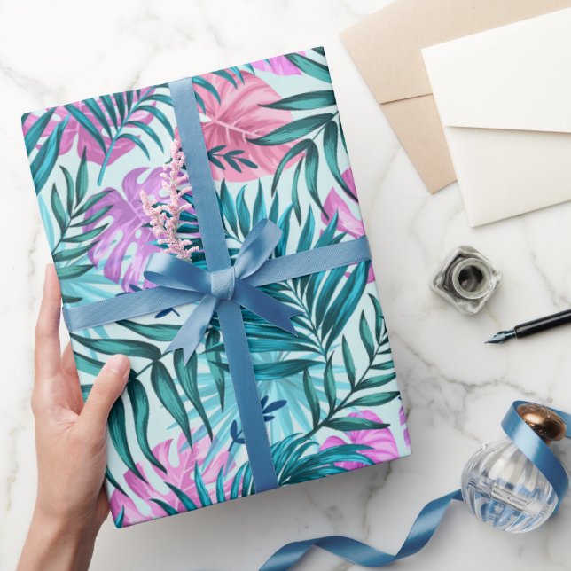 Papier Cadeau Palme rose et Turquoise Tropical & Monstera Feuill (Cadeaux)