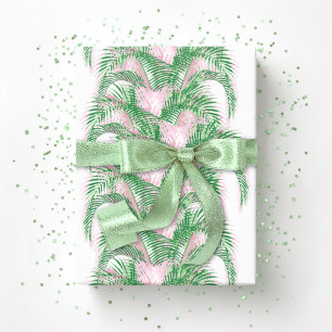 Papier Cadeau Palmes de plumes en rose et vert