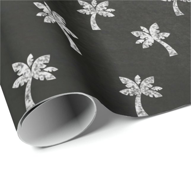Papier Cadeau Palmier Noir Lignes Blanches Chalboard Élégant (Coin rond)