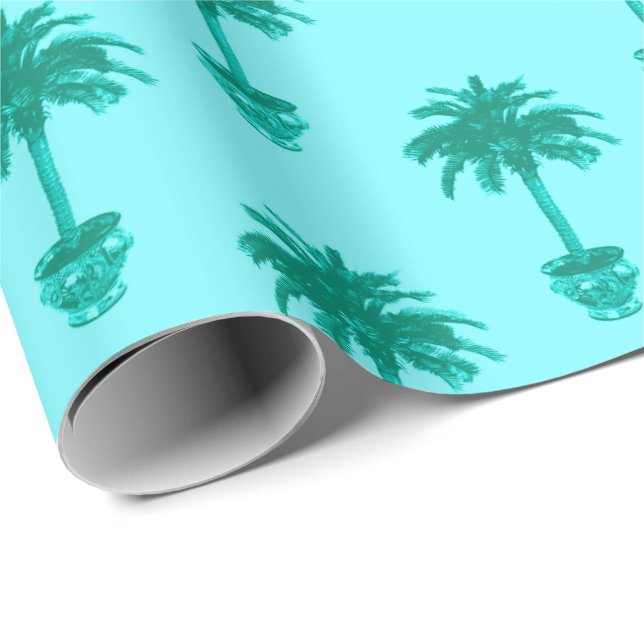 Papier Cadeau Palmier pointilleux en turquoise et en aqua (Coin rond)