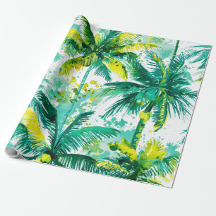 Papier Cadeau Palmiers Tropicaux Rose Vert Bleu Côtiers