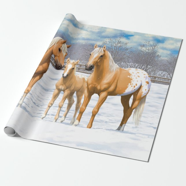 Papier Cadeau Palomino Appaloosa Chevaux En Neige (Déroulé)