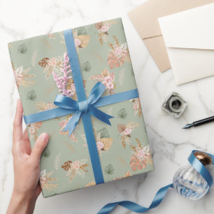 Papier Cadeau Pampas Grass & Fleurs sur Sage Green
