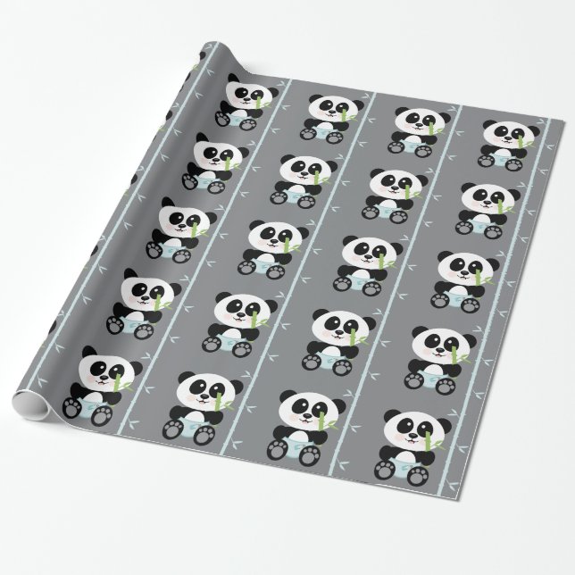 Papier Cadeau Panda en bambou bleu dans des couches-culottes (Déroulé)