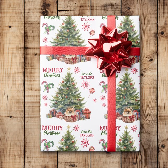 Papier Cadeau Panier de chien Poméranien sous l'arbre de Noël (Créateur téléchargé)